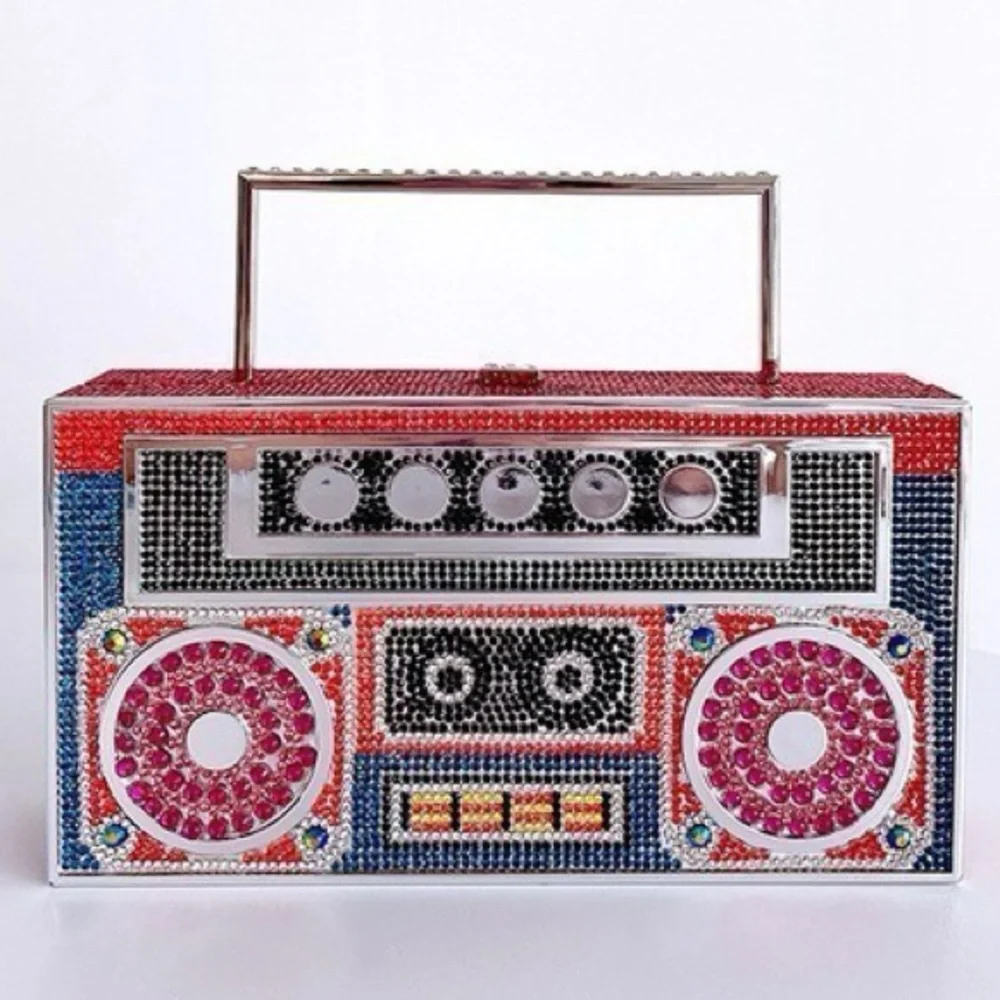 Boombox Clutch Silver Gem Purse Y2K Festival Vegas Bachelorette Statement Bag